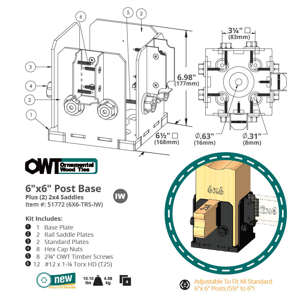 6 in. x 6 in. Post Base Twin Rail Saddles Ironwood OZCO