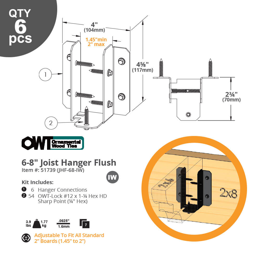 OZCO 51739 Ironwood Joist Hanger Flush 6 to 8-inch, 6 per Pack